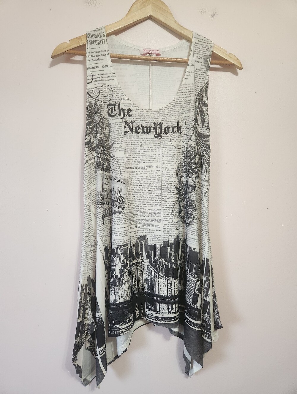 ​Y2K Pretty Woman Newspaper Print Rhinestone Tunic Tank Top Handkerchief Hem M